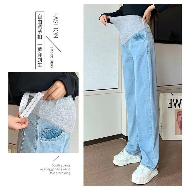 Autumn Fashion Denim Maternity Straight Long Jeans Wide Leg Loose Belly Pants Clothes for Pregnant Women Pregnancy Casual