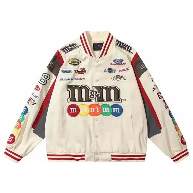Bomber Jacket Men Women Hip Hop M&M Embroidery Motorcycle Loose Baseball Coat Casual High-Quality Street Racing Varsity Outwear