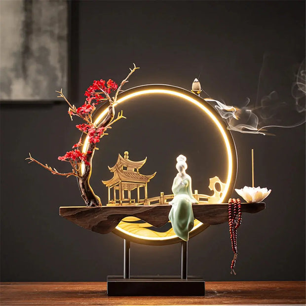 Led Light Backflow Incense Burner USB Light Circle Simulation Tree Ceramic Lotus Buddha Beads Home Office Decoration Furnishing
