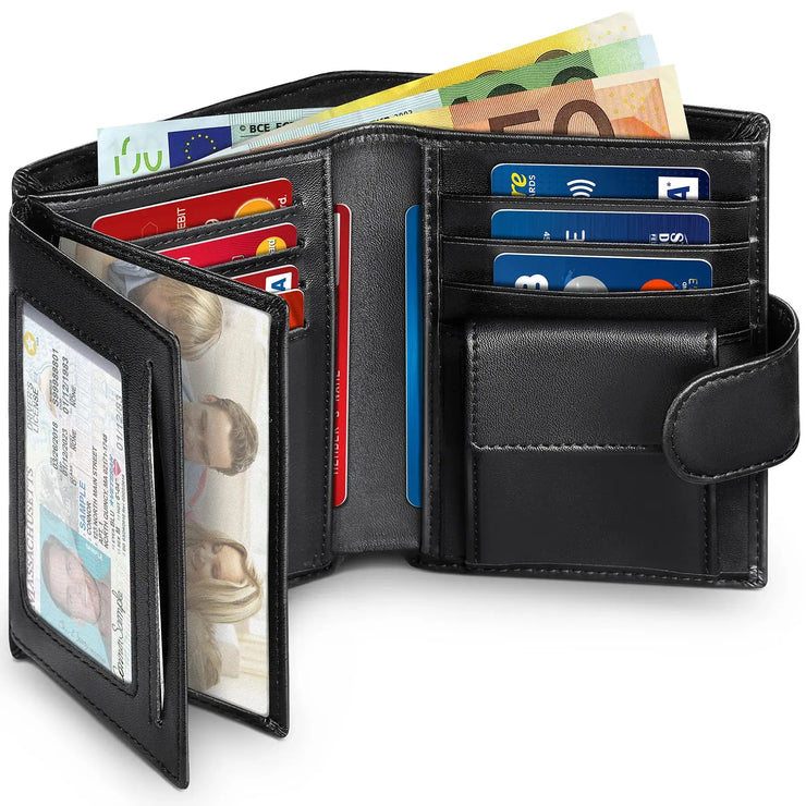 Men Genuine Leather Wallet Business Purse RFID Card Holder Transparent Windows Bank Note Coin Compartment Black