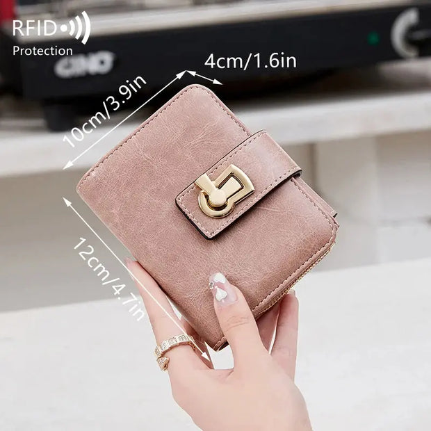 RFID shielded buckle short wallet, credit card large capacity solid color zipper small bag, daily portable wallet