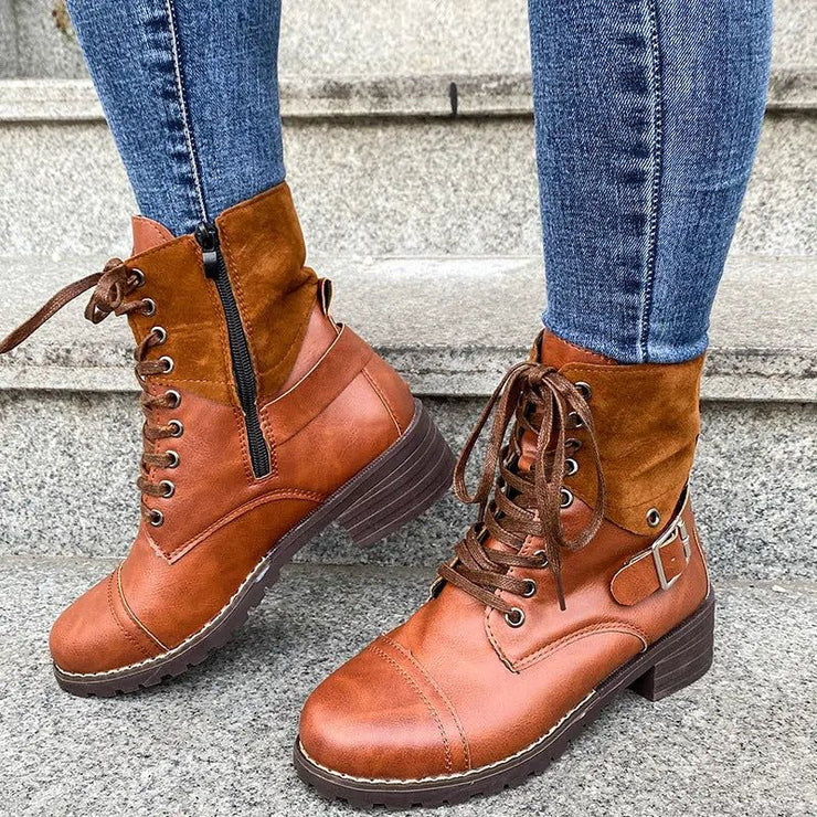 Lace-up Boots Winter Buckle Cowboy Boots Women Low Heel Shoes