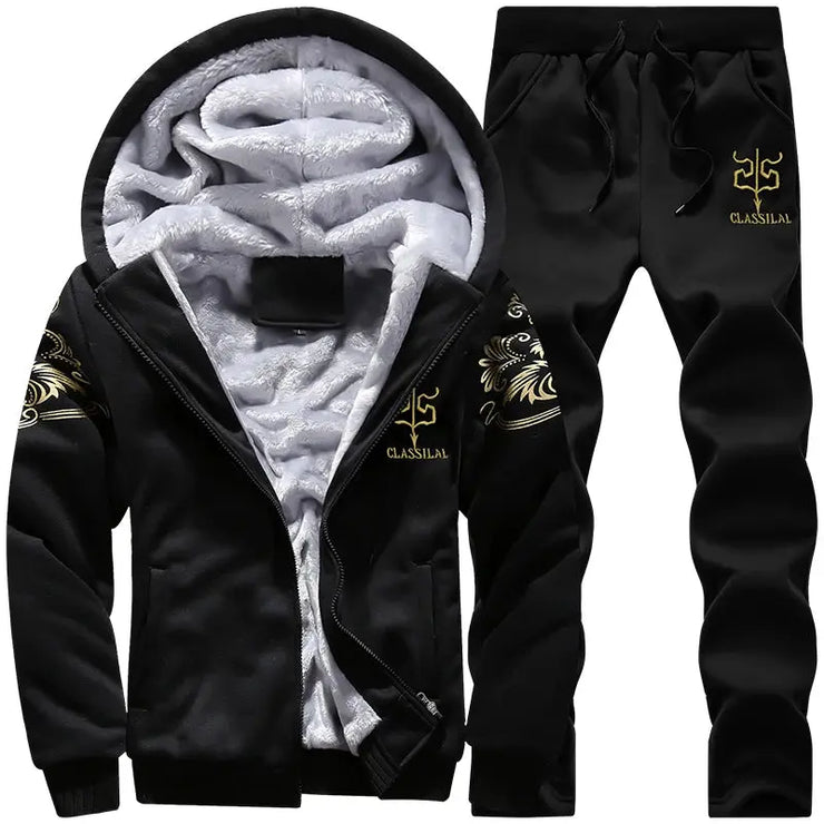 Men's Winter Sportswear Set Hooded Casual Hooded Thickened Warm Sweatshirt+Pants Two Piece Set