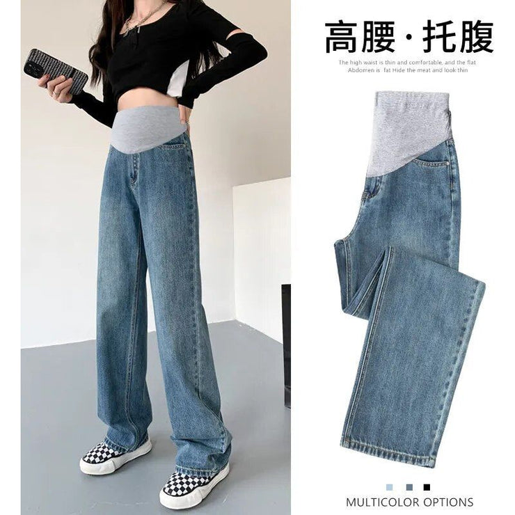 Autumn Fashion Denim Maternity Straight Long Jeans Wide Leg Loose Belly Pants Clothes for Pregnant Women Pregnancy Casual