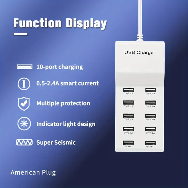 USB Multi-port Charger 5V2.4A 10-port Mobile Phone Fast Charging Socket Multi-function Universal Fast Adapter, USB Wall Charger 10-Port USB Charger Station For Multiple Devices Smart Phone Tablet Laptop Computer.