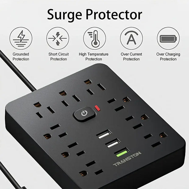 With Surge Protector Row Plug Fireproof Desktop Charging Station 9 Outlets 3 USB Ports With Flat Panel Plug Wall Mounted 5ft Extension Cord For Home And Office Black