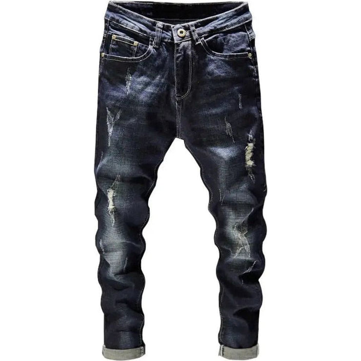 Distressed Jeans Men Dark Blue Stretch Slim Fit Hip Hop Destroyed Broken Holes Ripped Man Denim Pants Frayed Trousers Punk Style