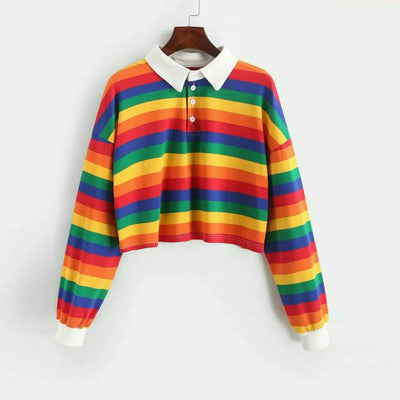 Fashion Winter Women Rainbow Striped Hoodies Pullover Sweatshirts Harajuku Long Sleeve Hoody Female Autumn Crop Tops Basic Tops