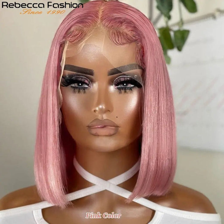 Pink Bob Wig Silky Straight Lace Front, Human Hair Wigs For Women Short Bob Transparent Lace Wig Bleached Knots Pre-Plucked Pink