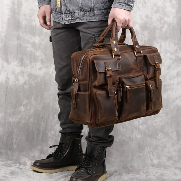 Retro Crazy Horse Leather Portable Briefcase For Men Head Layer Cowhide Leather Large Capacity Business Cross-body Computer Bag