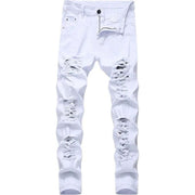 Straight Hole Destruction Trousers Distressed Jeans Men Denim Trousers Fashion Designer Brand White Pants Male Large Size