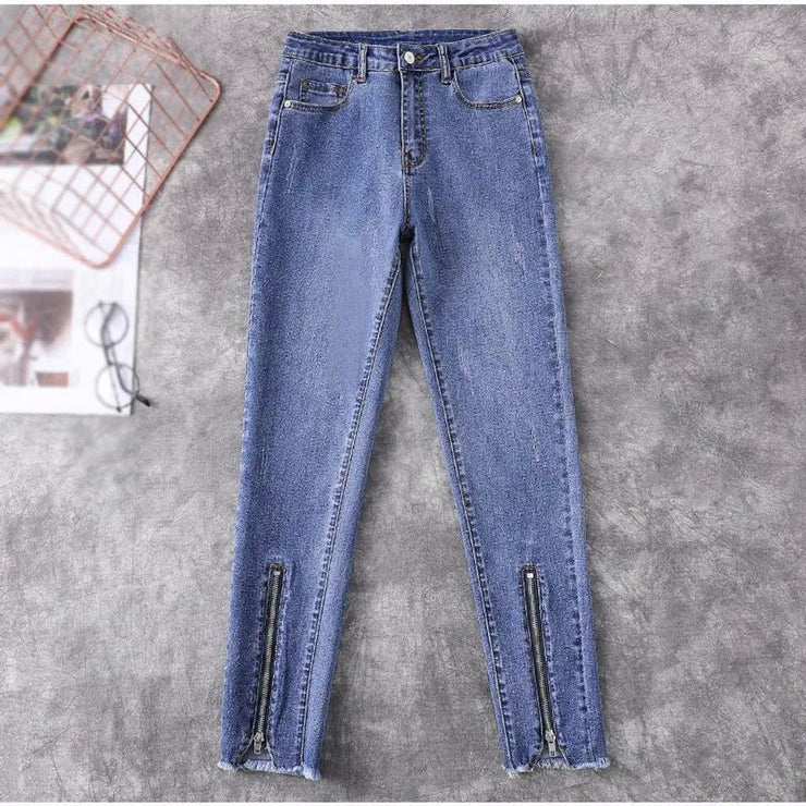 Streetwear Patchwork Zipper Ripped Skinny Jeans for Women High Waist High Stretchy Distressed Pencil Capris Blue Denim Pants