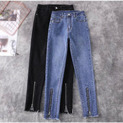 Streetwear Patchwork Zipper Ripped Skinny Jeans for Women High Waist High Stretchy Distressed Pencil Capris Blue Denim Pants