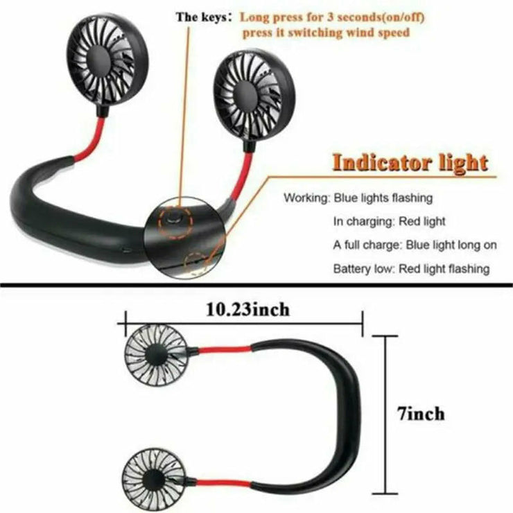 USB Rechargeable Neckband Sport Fan Lazy Neck Hanging Dual Cooling Portable Fan