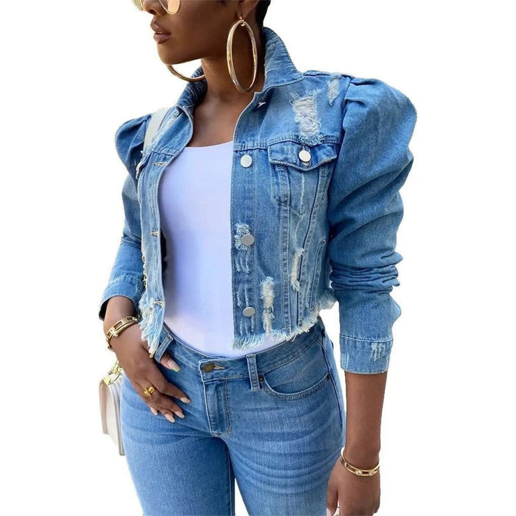 Y2k Womens Ripped Denim Jacket Casual Long Puff Sleeve Button Down Cropped Jean Coats for Fall