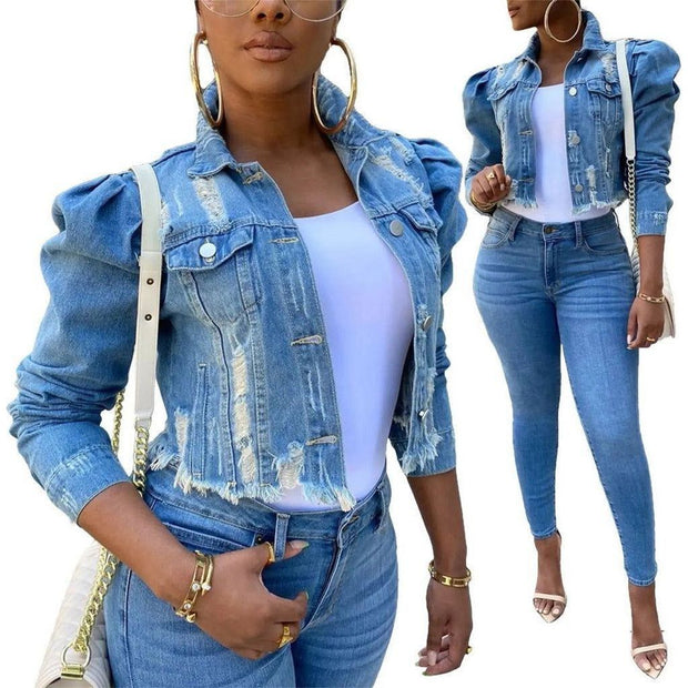 Y2k Womens Ripped Denim Jacket Casual Long Puff Sleeve Button Down Cropped Jean Coats for Fall